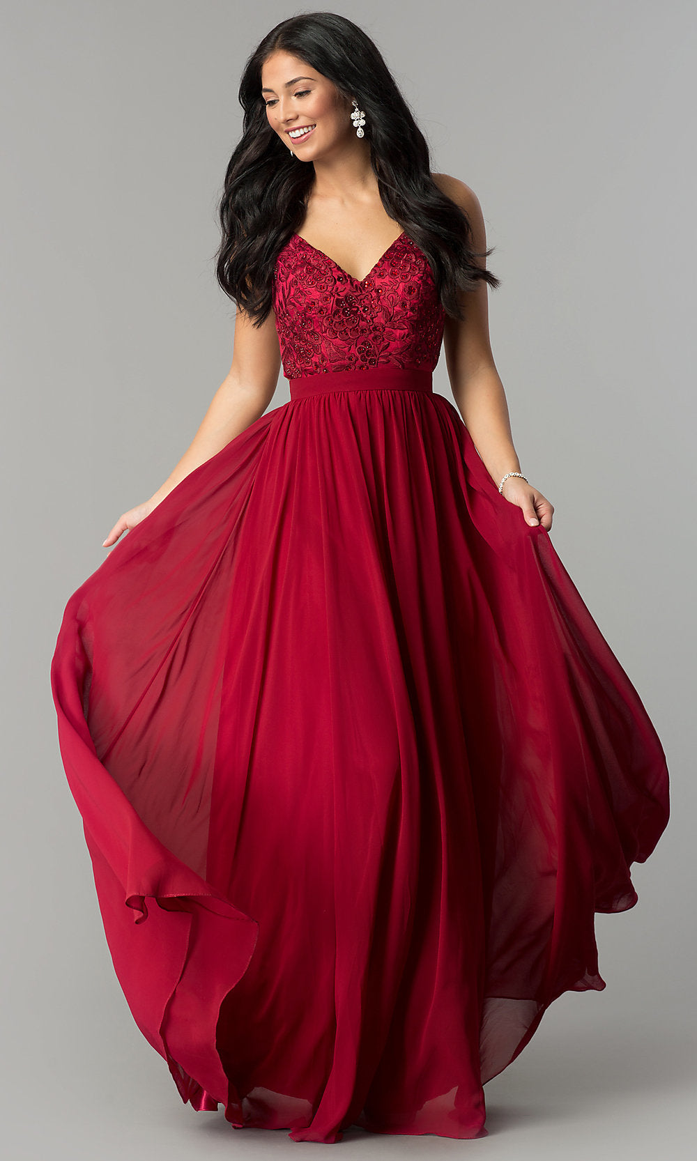 Dancing Queen-Long Burgundy Red Prom Dress with Embroidered Bodice