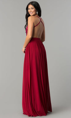 Dancing Queen-Long Burgundy Red Prom Dress with Embroidered Bodice