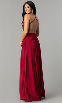 Dancing Queen-Long Burgundy Red Prom Dress with Embroidered Bodice