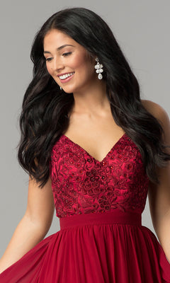 Dancing Queen-Long Burgundy Red Prom Dress with Embroidered Bodice