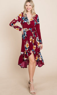 Emerald-Floral Print Faux-Wrap Red Casual High-Low Dress