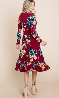 Emerald-Floral Print Faux-Wrap Red Casual High-Low Dress