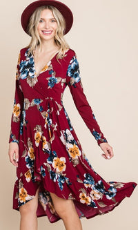 Emerald-Floral Print Faux-Wrap Red Casual High-Low Dress