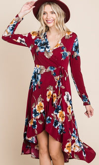 Emerald-Floral Print Faux-Wrap Red Casual High-Low Dress