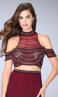 La Femme-Two-Piece Cold-Shoulder Long Jersey Dress