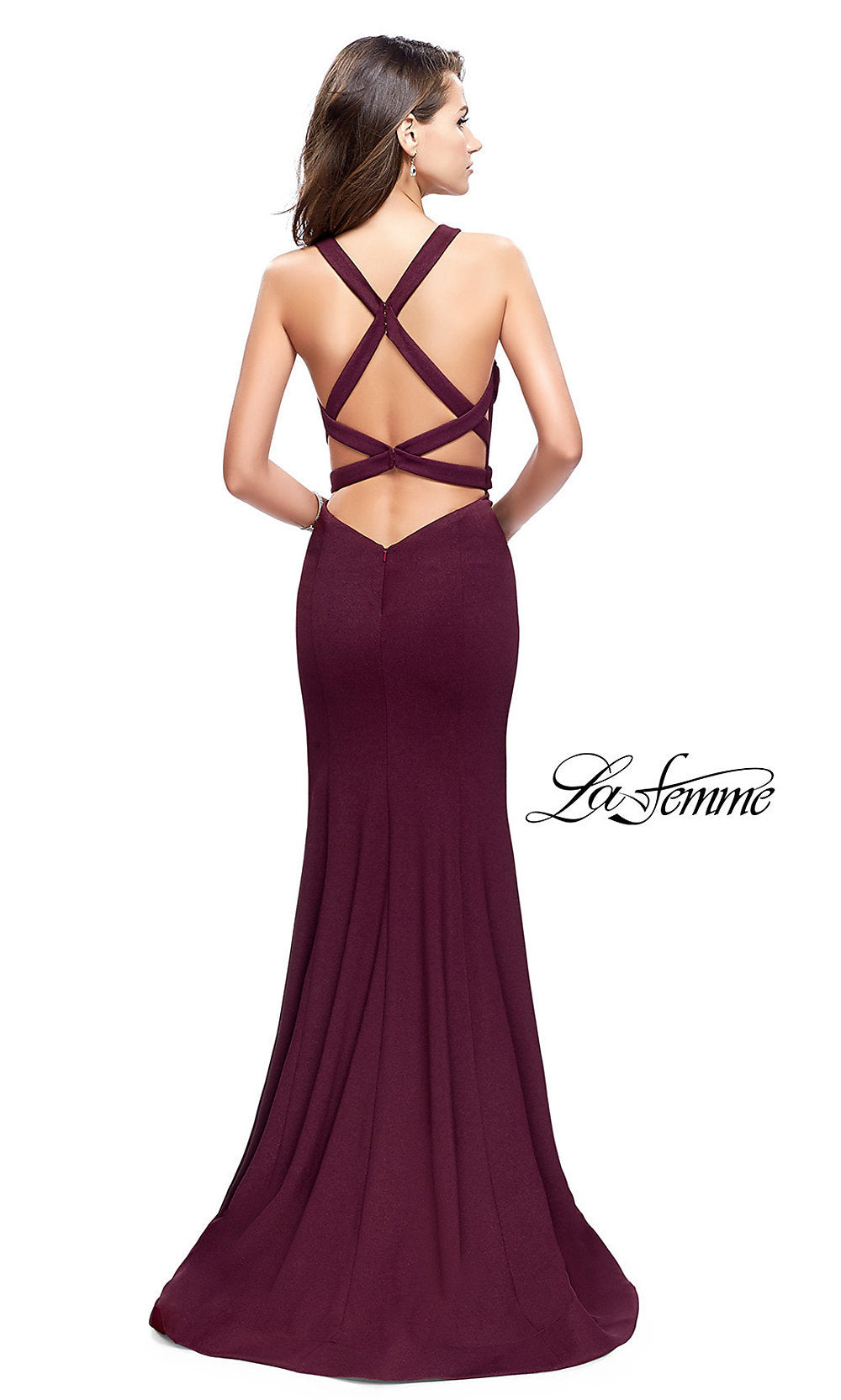 La Femme Strappy-Back Long Burgundy Red Prom Dress