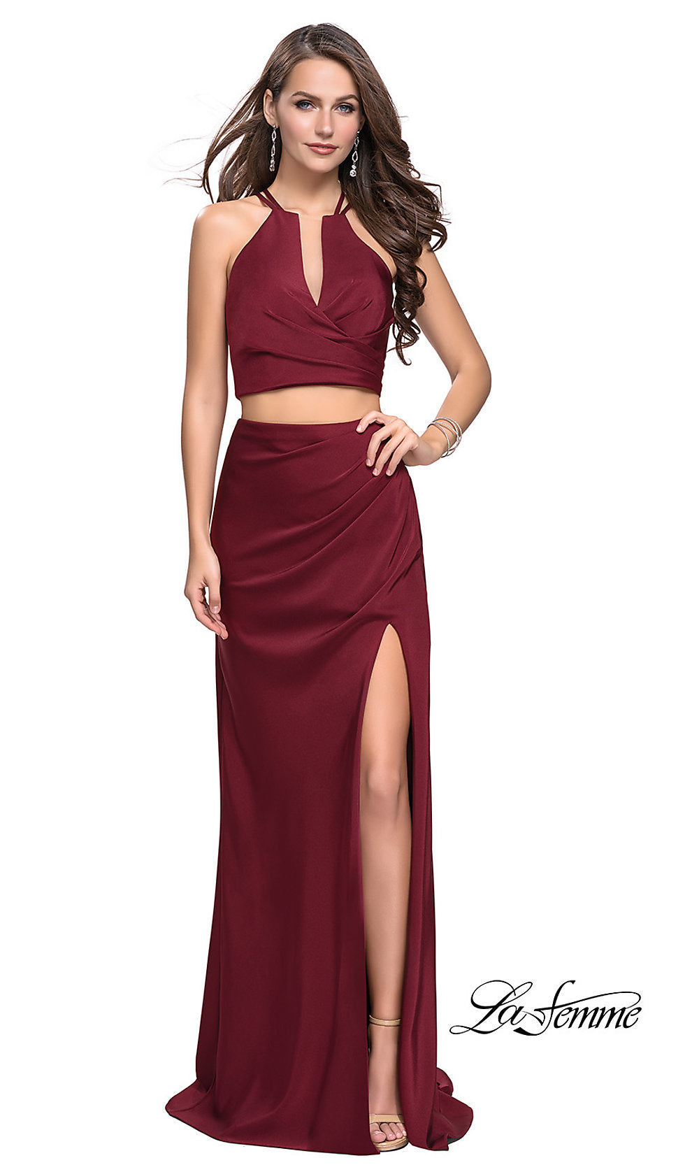 La Femme-Long Two-Piece Prom Dress with Ruching