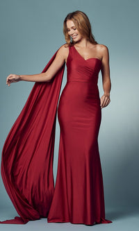 Burgundy Red One Shoulder Long Formal Prom Dress