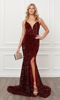 Narianna-Lace-Up Long Sequin Prom Dress in Burgundy Red