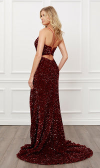 Narianna-Lace-Up Long Sequin Prom Dress in Burgundy Red