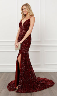 Narianna-Lace-Up Long Sequin Prom Dress in Burgundy Red