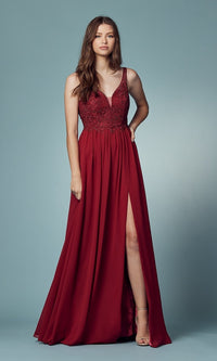 Narianna-Low V-Neck Long A-Line Prom Dress with Skirt Slit