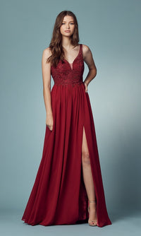 Narianna-Low V-Neck Long A-Line Prom Dress with Skirt Slit
