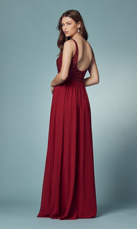 Narianna-Low V-Neck Long A-Line Prom Dress with Skirt Slit