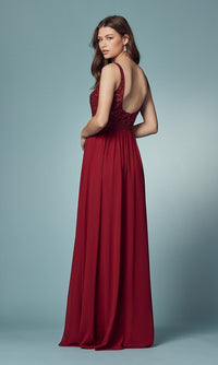 Narianna-Low V-Neck Long A-Line Prom Dress with Skirt Slit