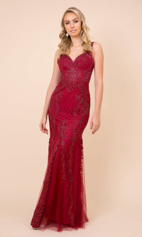 Embroidered-Tulle Long Prom Dress with Deep V-Back