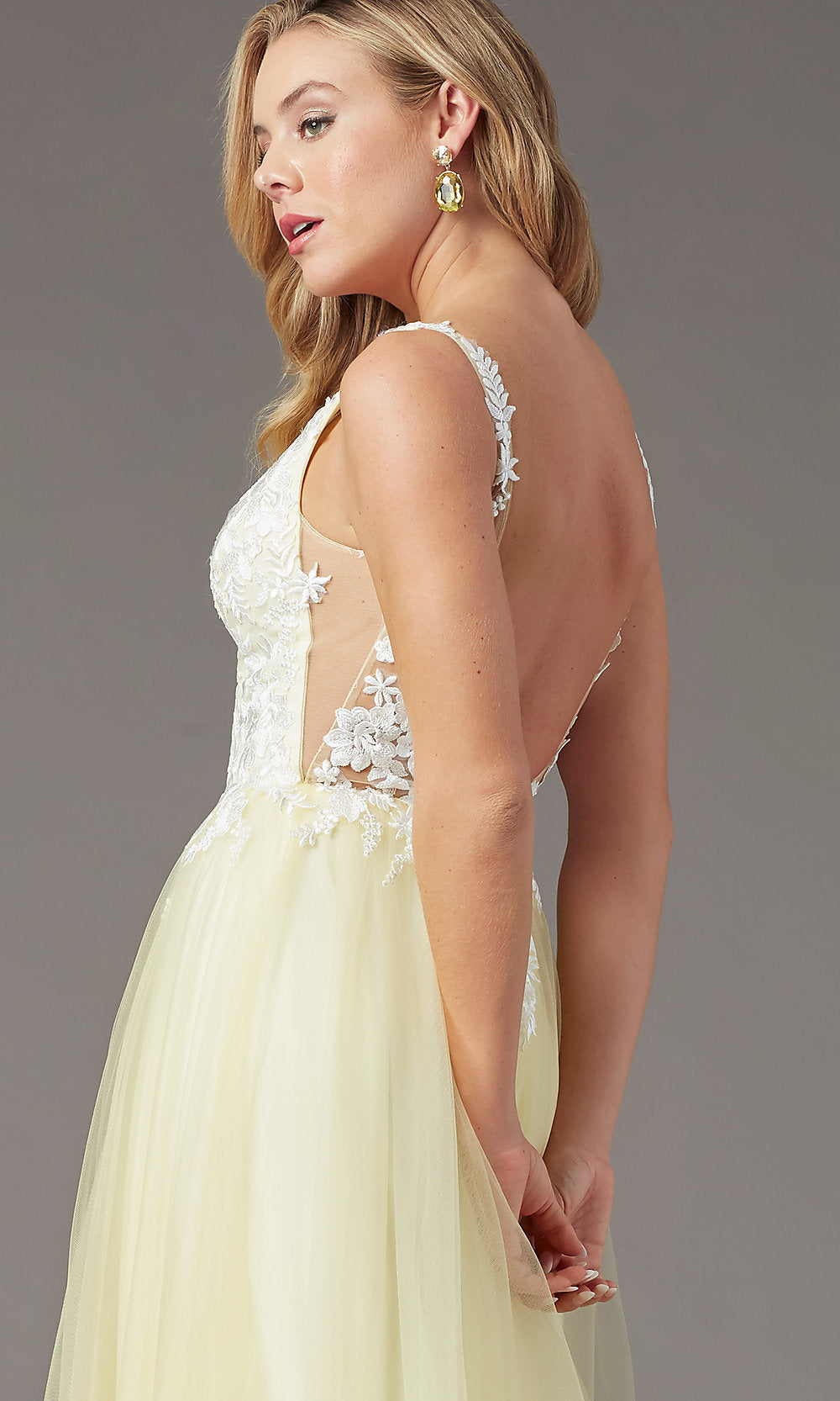 PromGirl Embroidered-Bodice V-Neck Long Prom Dress