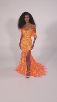 Feather-Trim Off-Shoulder Long Sequin Prom Dress
