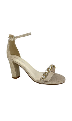 The Camila Champagne 2.75in Prom Shoes by Touch Ups 4522 feature gold glitter block heels, an ankle strap, and jeweled toe embellishments—perfect for prom—shown on a white background.