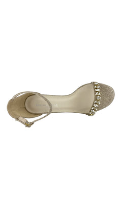 Top view of the Camila Champagne 2.75in Prom Shoe by Touch Ups (4522): a beige open-toe sandal with ankle strap and jeweled toe embellishments—ideal rhinestone heels or champagne prom shoes, shown against a white background.