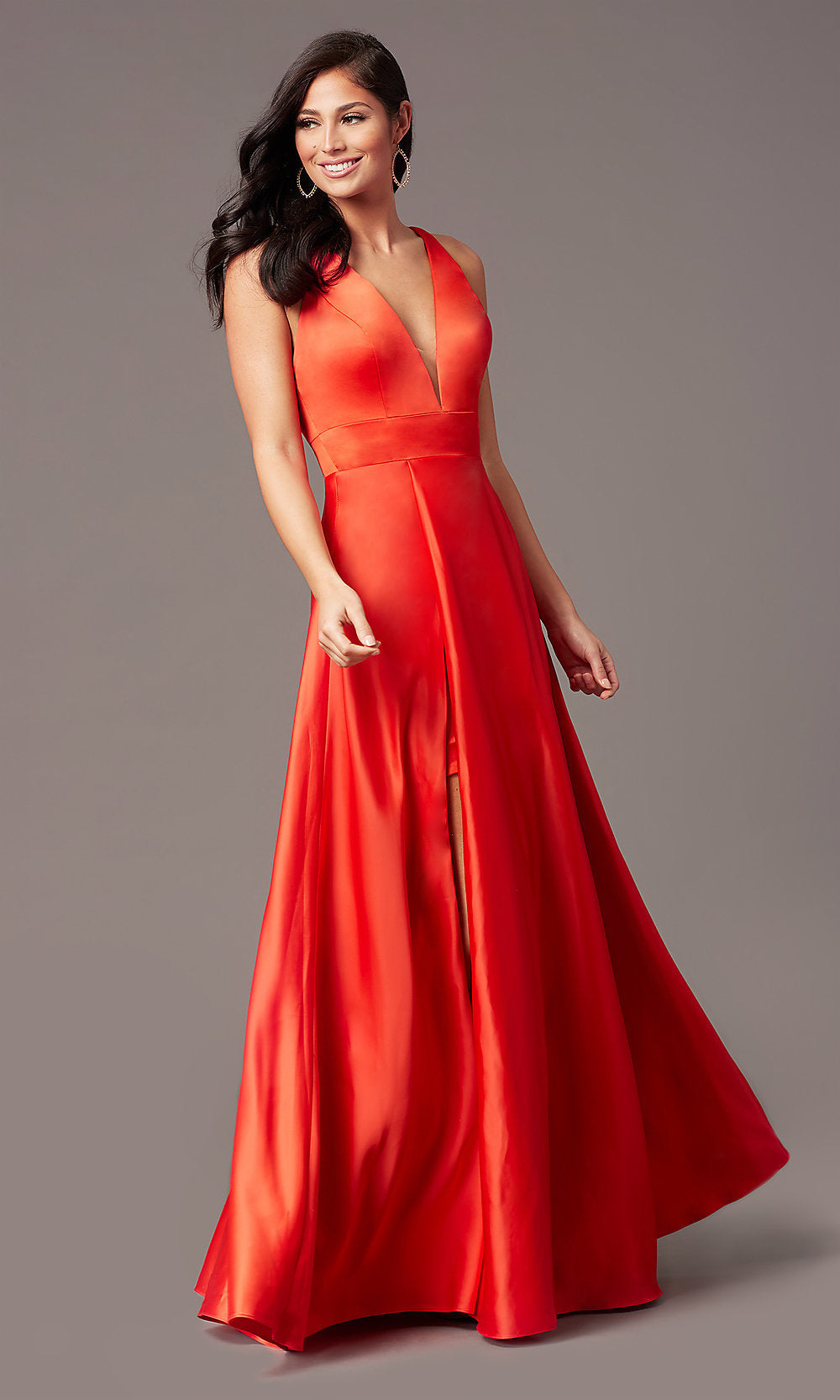 Faux-Wrap Long Deep-V-Neck Prom Dress by PromGirl