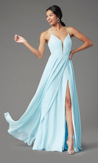 Corset-Back Long Faux-Wrap Prom Dress by PromGirl