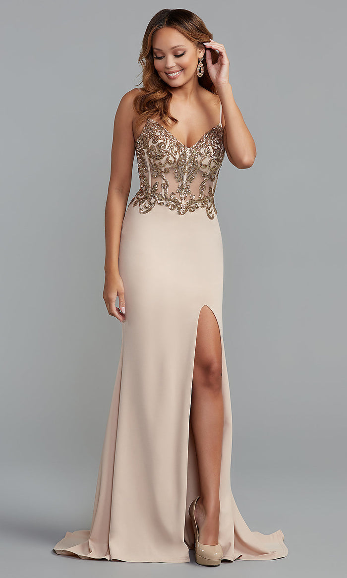 PromGirl Sequined-Sheer-Bodice Long Tight Prom Dress