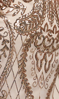 Close-up of intricate gold and bronze sequin embroidery in floral and geometric patterns on light beige fabric, perfect for the PromGirl Backless Sequin Short Prom Dress. Ideal for prom or a glamorous cocktail event.