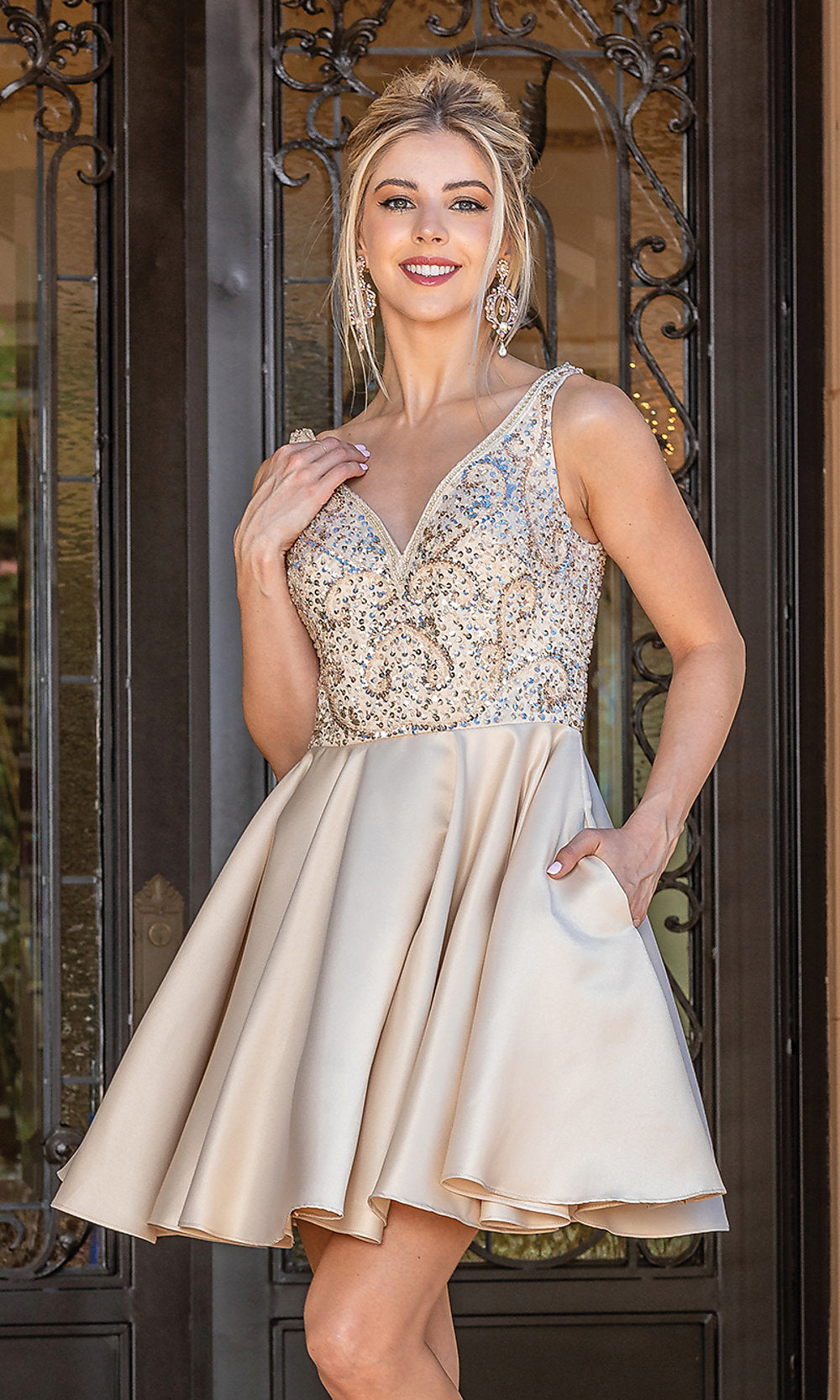 Sleeveless Short Formal Prom Dress with Pockets Champagne / XSmall Sleeveless Short Formal Prom Dress with Pockets Champagne / XSmall