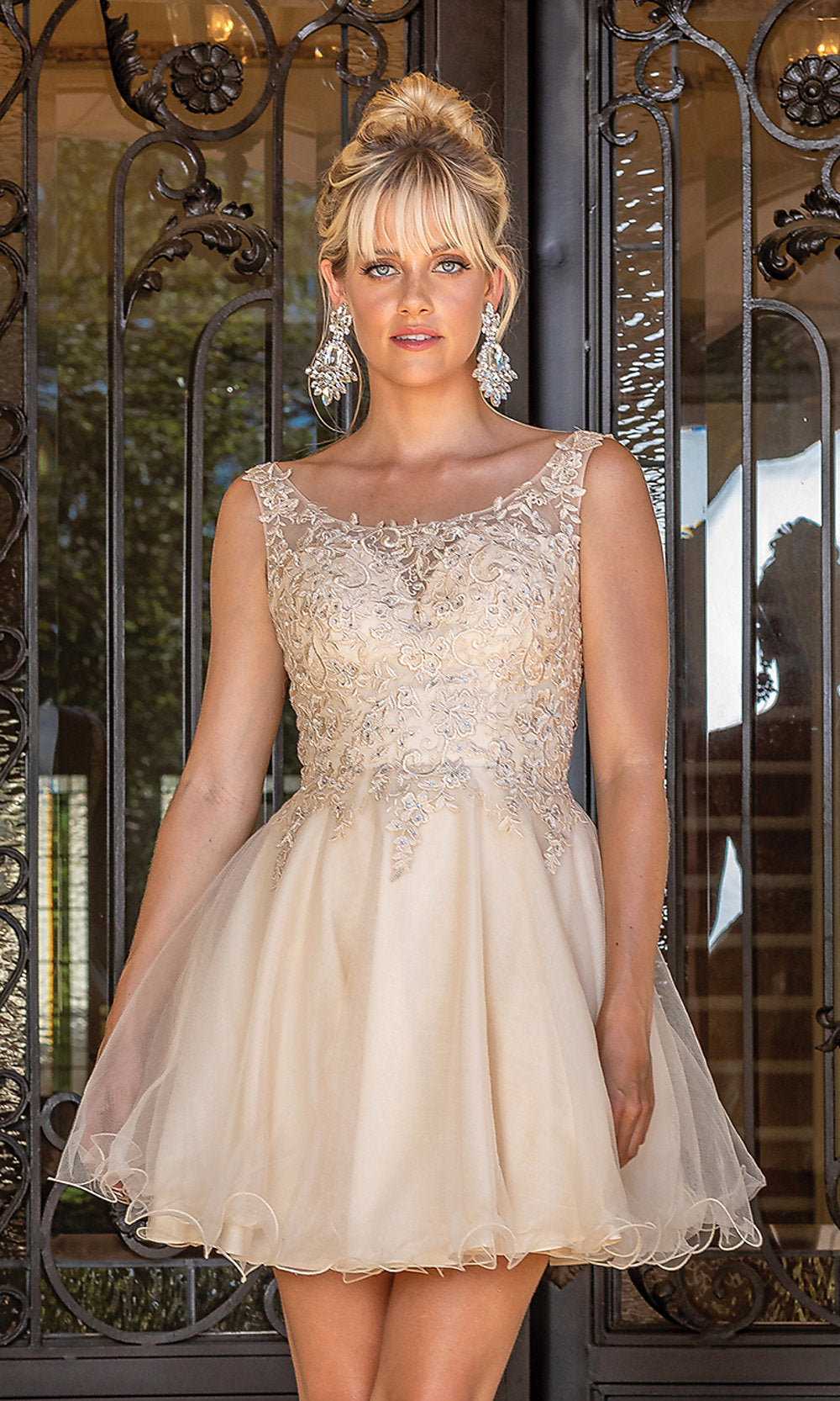 Dancing Queen-Short Prom Dress with Sheer Embroidered Bodice