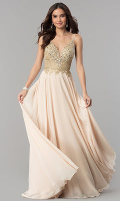 Accented-Bodice Long Chiffon Prom Dress