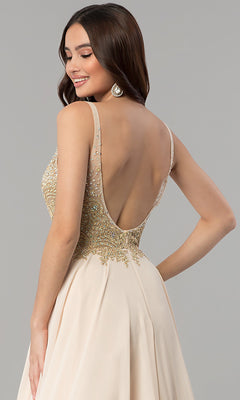 Accented-Bodice Long Chiffon Prom Dress