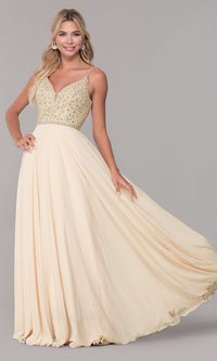 Dancing Queen-Long V-Neck Sleeveless Beaded-Bodice Prom Dress