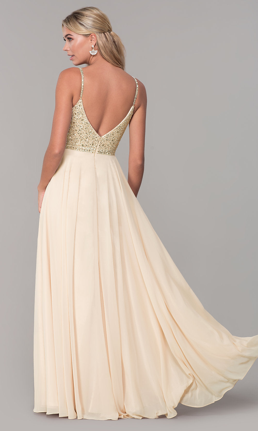 Dancing Queen-Long V-Neck Sleeveless Beaded-Bodice Prom Dress