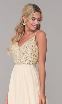Dancing Queen-Long V-Neck Sleeveless Beaded-Bodice Prom Dress