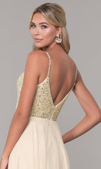 Dancing Queen-Long V-Neck Sleeveless Beaded-Bodice Prom Dress