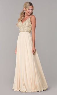 Dancing Queen-Long V-Neck Sleeveless Beaded-Bodice Prom Dress