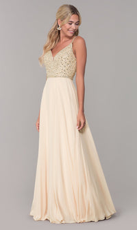 Dancing Queen-Long V-Neck Sleeveless Beaded-Bodice Prom Dress