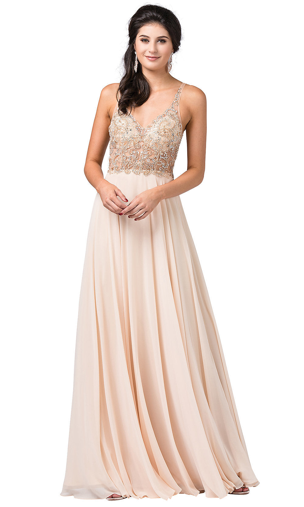 Chiffon Open Back V Neck Long Prom Dress