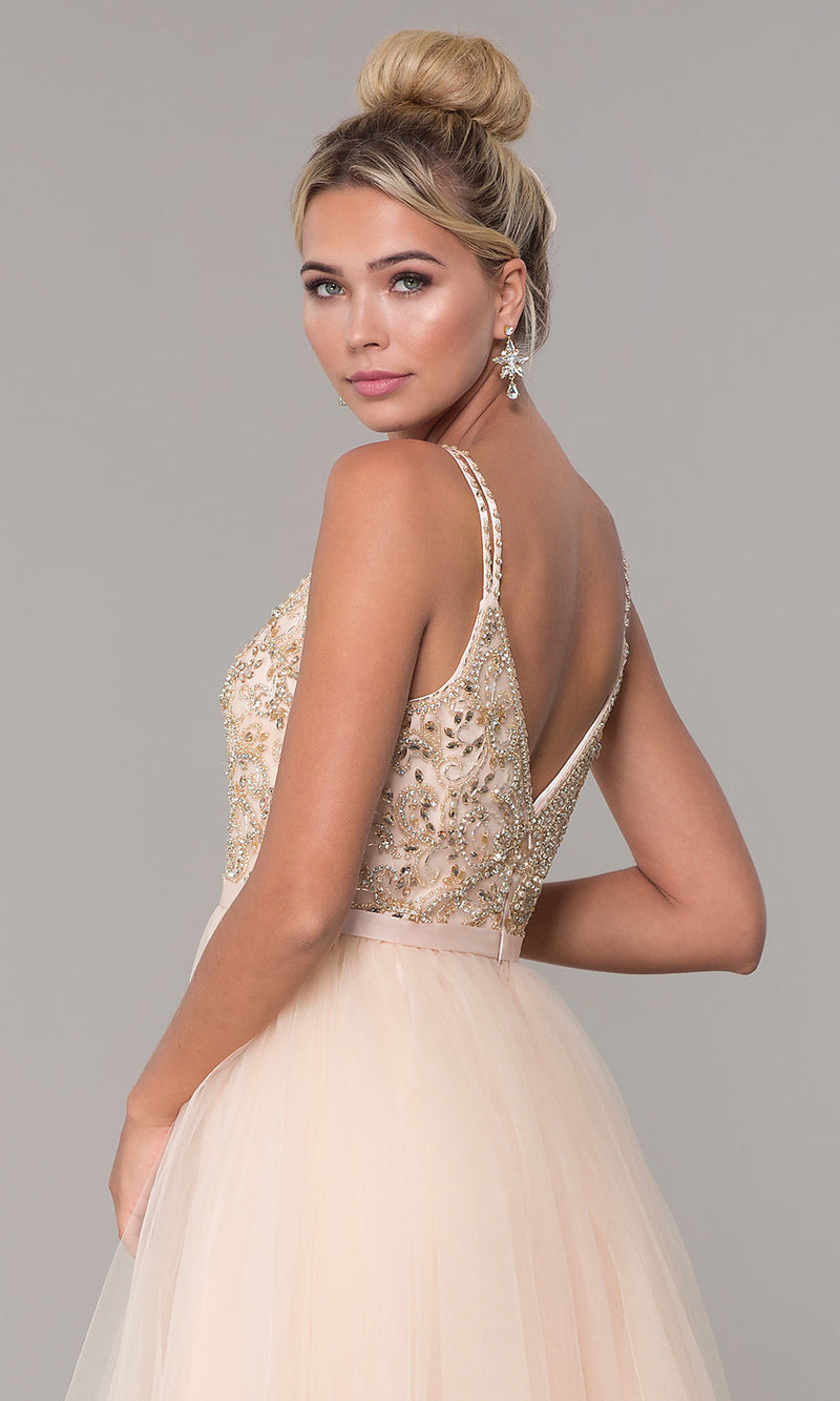 Long VNeck BeadedBodice Tulle Prom Dress PromGirl