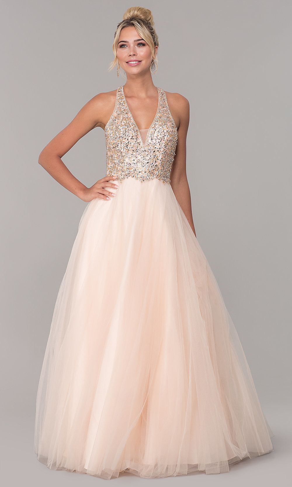 Long Beaded-Bodice V-Neck Tulle Prom Dress - PromGirl