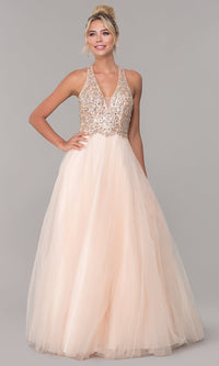 Dancing Queen-Long V-Neck Tulle Prom Dress with Beaded Bodice