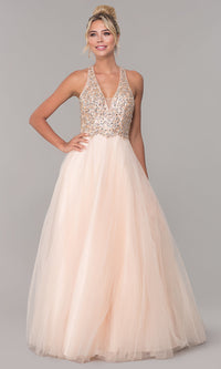 Long V-Neck Tulle Prom Dress with Beaded Bodice