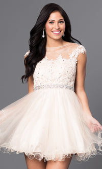 Dancing Queen-Cap-Sleeve Short Homecoming Dress with Beading