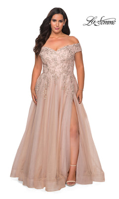 A woman wears the Off-the-Shoulder Plus-Size La Femme Prom Ball Gown in blush pink, featuring beaded embroidery, a fitted bodice, tulle skirt with thigh-high slit. The "La Femme" logo appears in the top right corner.