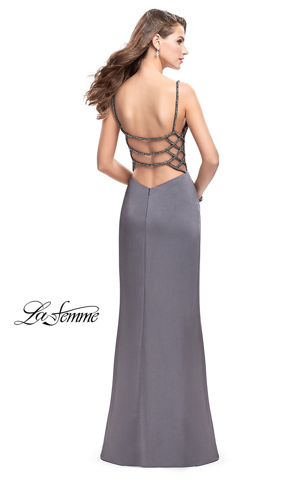 La Femme-Beaded Open-Back Long La Femme Prom Dress with Slit