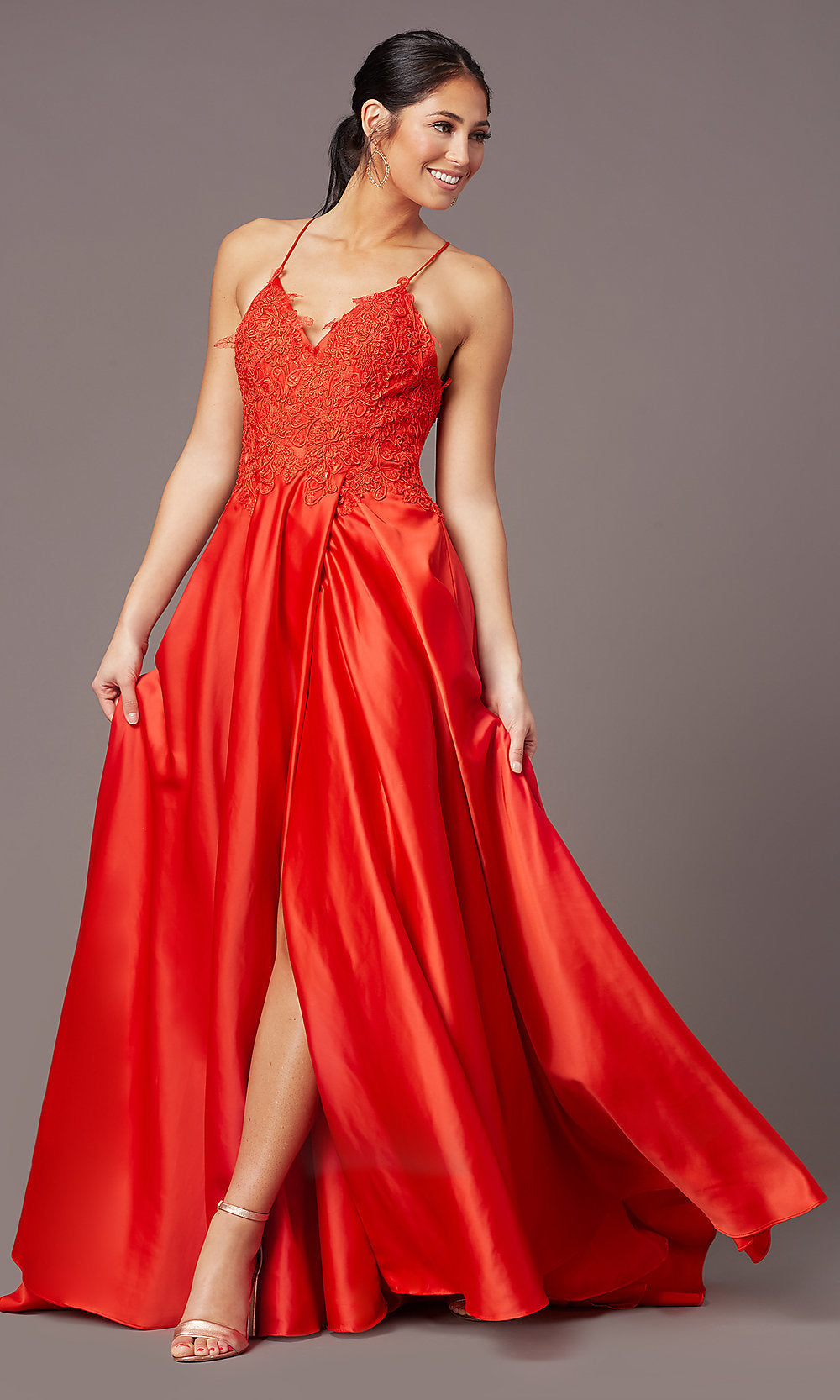 PromGirl Lace-Bodice Long Satin Formal Prom Dress