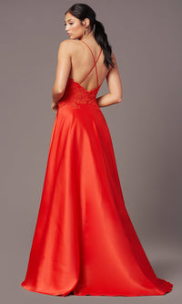 PromGirl Lace-Bodice Long Satin Formal Prom Dress