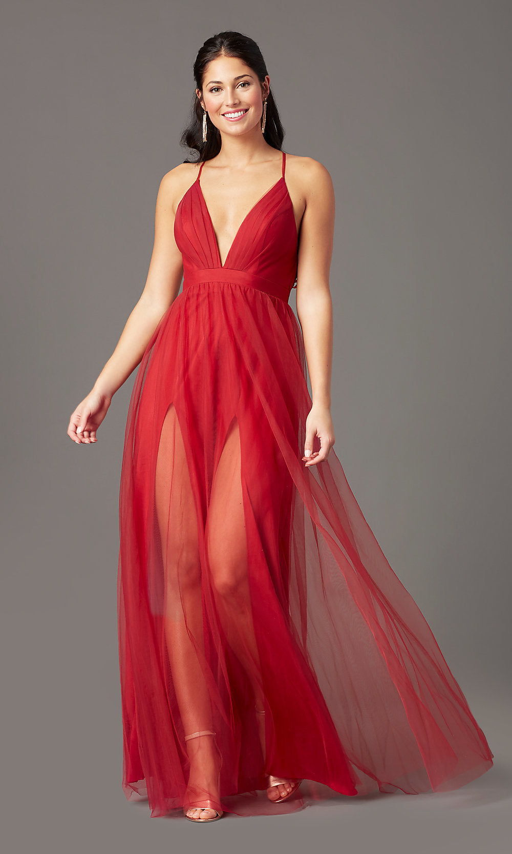 V-Neck Red Long Tulle Formal Prom Dress - PromGirl