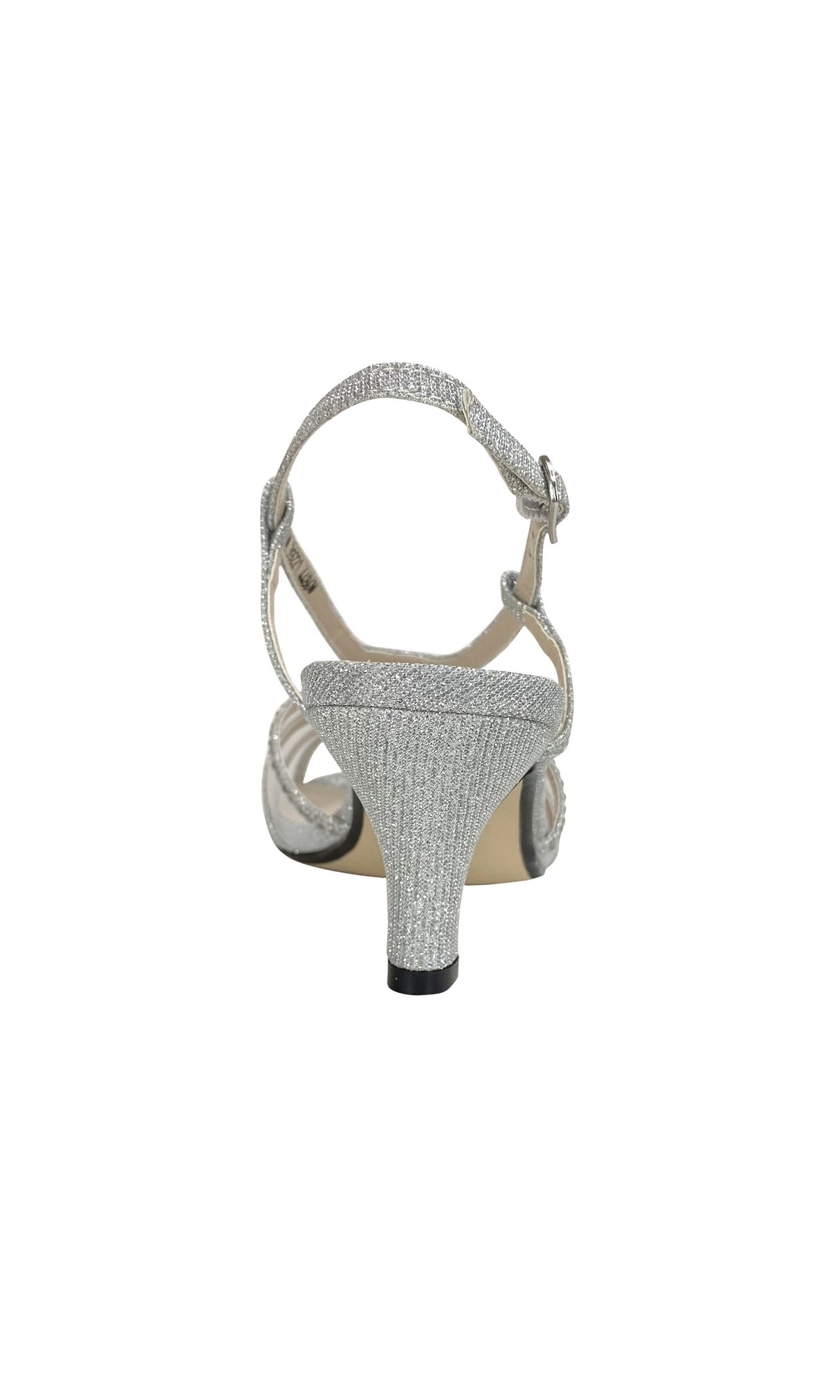 Rear view of Clara Silver Low Heel Prom Shoes 4486: silver glittery sandals with ankle strap, open heel, and 1.75-inch heel—ideal for prom—displayed against a white background.